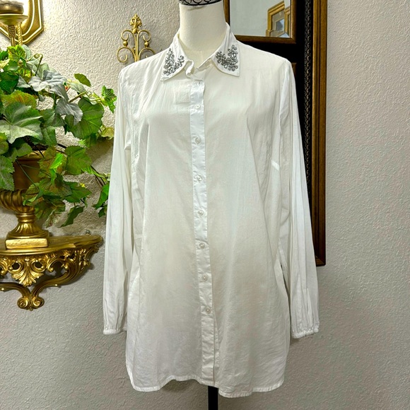 Tea Rose Tops - White Button Up Shirt Formal Embellishment Collared Women’s Size L Long Sleeve